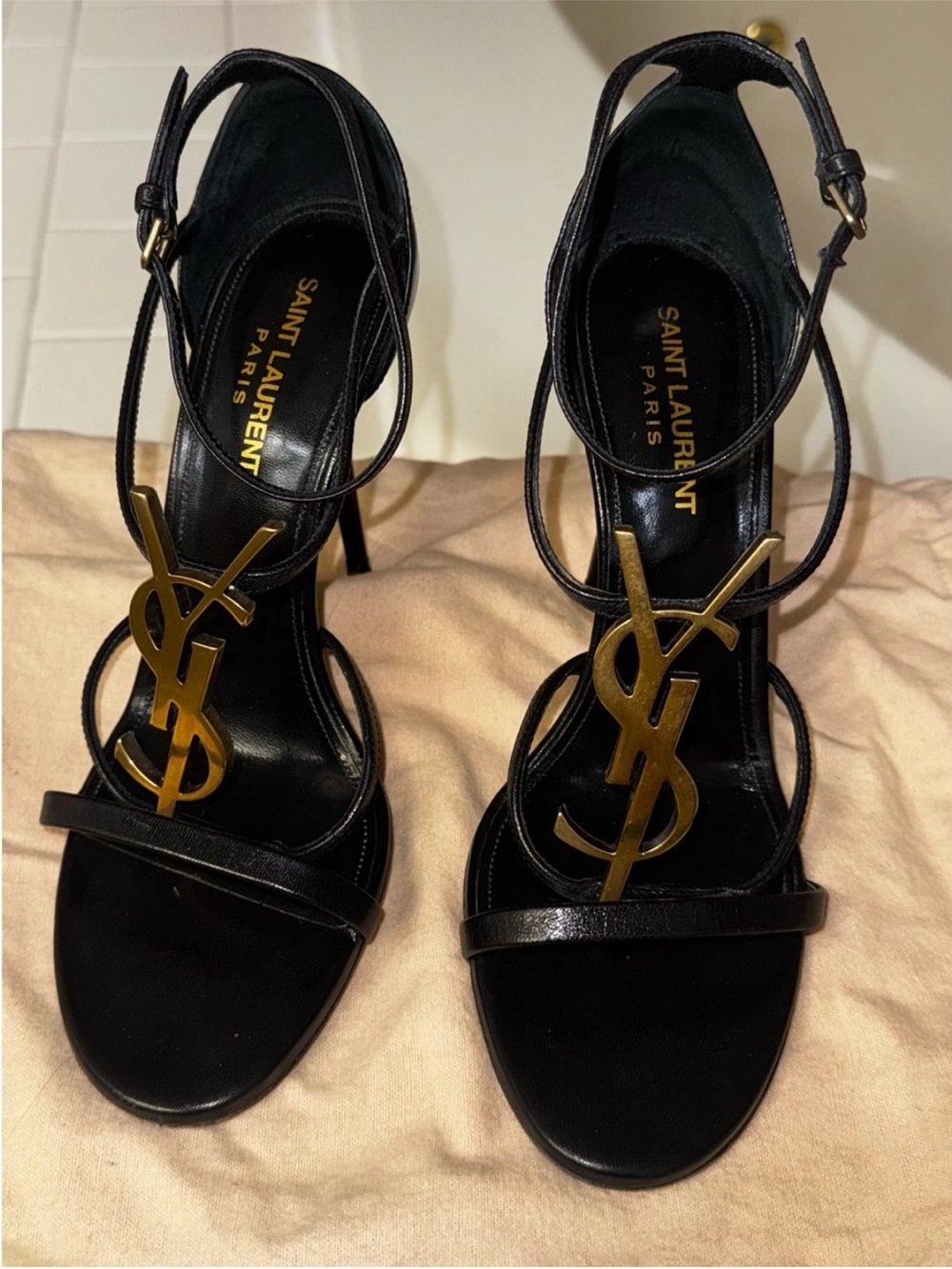 Saint Laurent Black Leather Stiletto Sandals with Gold YSL Logo - Picture 6 of 11